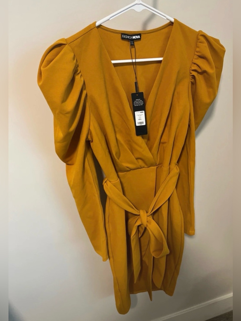 Fashion Nova Mustard Yellow Long Sleeve Wrap Dress. Knee length. large. W/Tags. - Picture 2 of 7